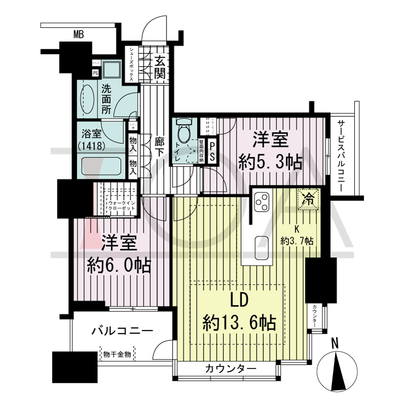 ブランズタワー南堀江の間取り図 南向き 2LDK+WIC 専有面積65.66m2
バルコニー面積5.44m2
サービスバルコニー面積2.44m2