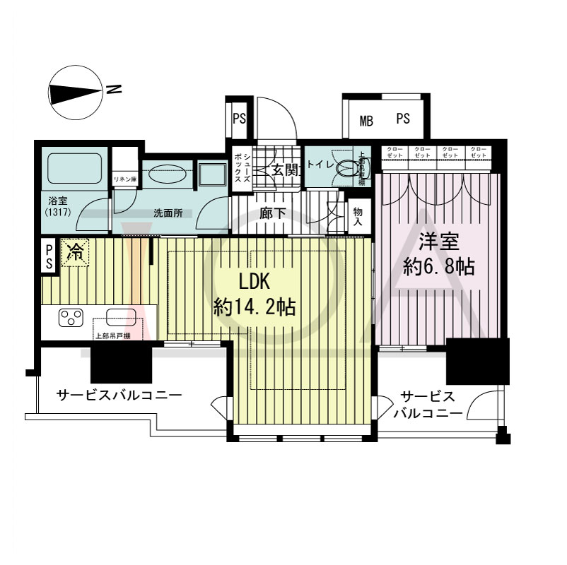 ブランズタワー南堀江の間取り図 東向き 1LDK 専有面積49.95m2
サービスバルコニー面積12.27m2