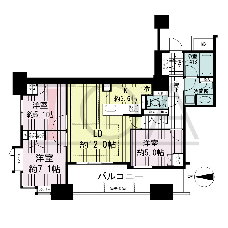 ブランズタワー南堀江の間取り図 西向き 3LDK 専有面積74.61m2
バルコニー面積12.59m2