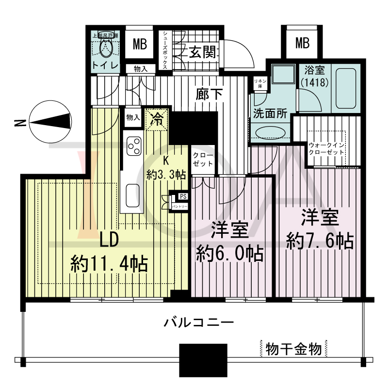 ブランズタワー南堀江の間取り図 西向き 2LDK+WIC 専有面積70.34m2
バルコニー面積18.57m2