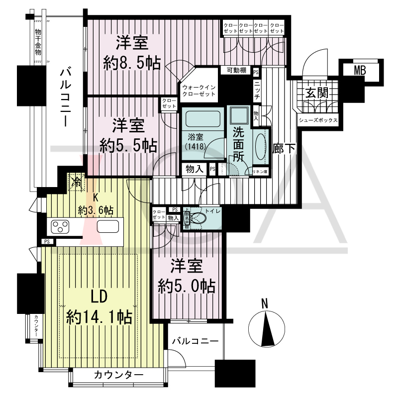 ブランズタワー南堀江の間取り図 南向き 3LDK 専有面積86.77m2
バルコニー面積13.39m2