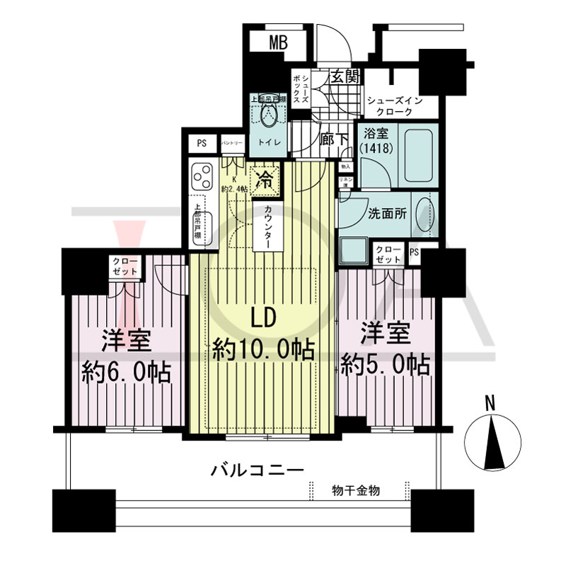 ブランズタワー南堀江の間取り図 南向き 2LDK+SIC 専有面積55.74m2
バルコニー面積13.38m2