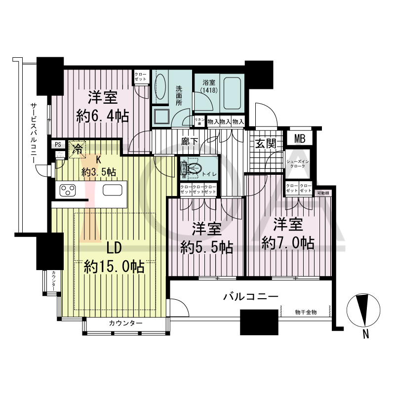ブランズタワー南堀江の間取り図 北向き 3LDK+SIC 専有面積81.98m2
バルコニー面積9.54m2
サービスバルコニー面積7.17m2