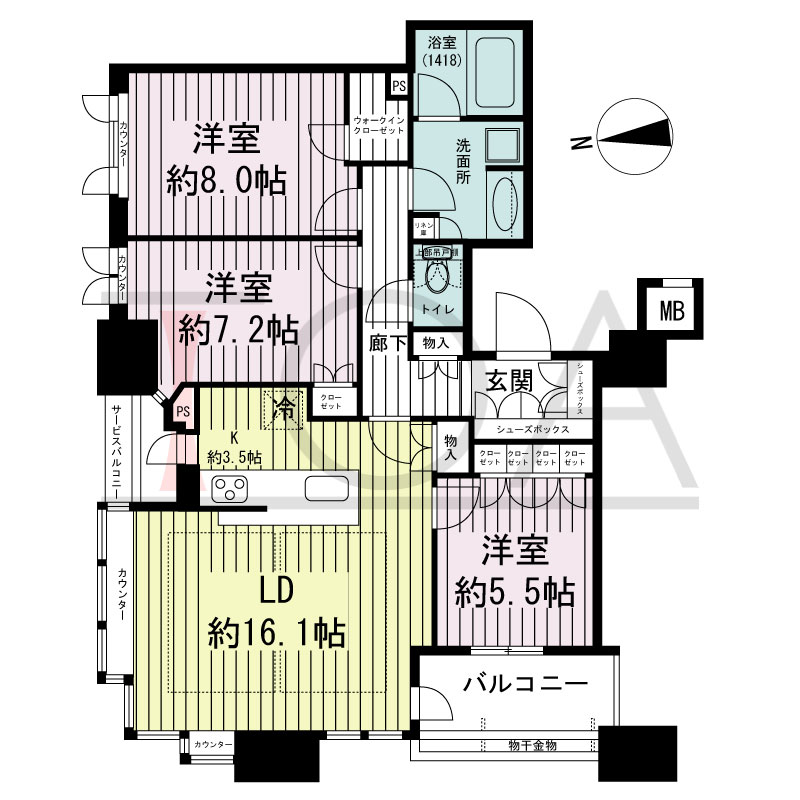 ブランズタワー南堀江の間取り図 北西向き 3LDK 専有面積90.51m2
バルコニー面積6.50m2
サービスバルコニー面積1.76m2