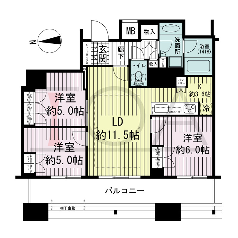 ブランズタワー南堀江の間取り図 西向き 3LDK 専有面積70.84m2
バルコニー面積17.64m2