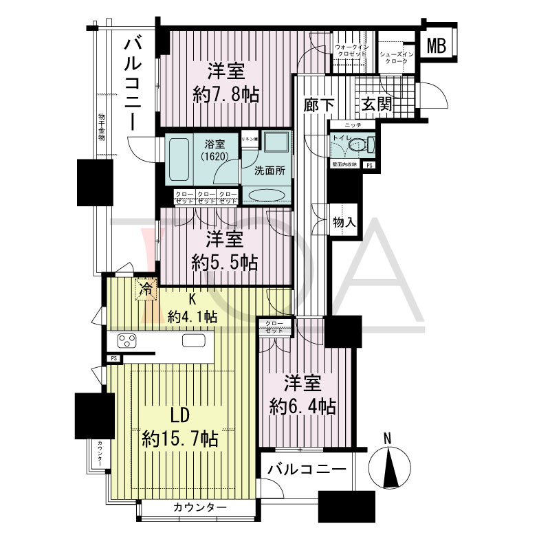 ブランズタワー南堀江の間取り図 南向き 3LDK+WIC+SIC 専有面積93.31m2
バルコニー面積17.75m2
