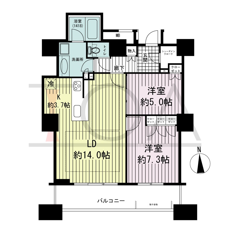 ブランズタワー南堀江の間取り図 南向き 2LDK+SIC 専有面積67.84m2
バルコニー面積11.92m2