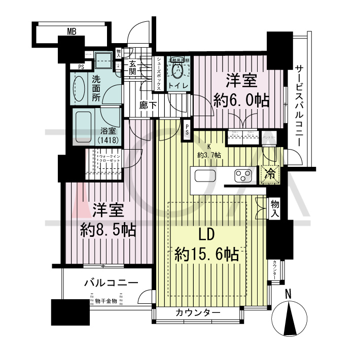 ブランズタワー南堀江の間取り図 南向き 2LDK+WIC 専有面積74.92m2
バルコニー面積5.44m2
サービスバルコニー面積4.65m2