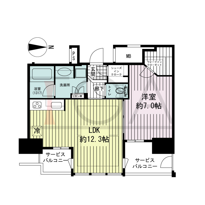 ブランズタワー南堀江の間取り図 東向き 1LDK+WIC+SIC 専有面積45.66m2
サービスバルコニー面積8.15m2
