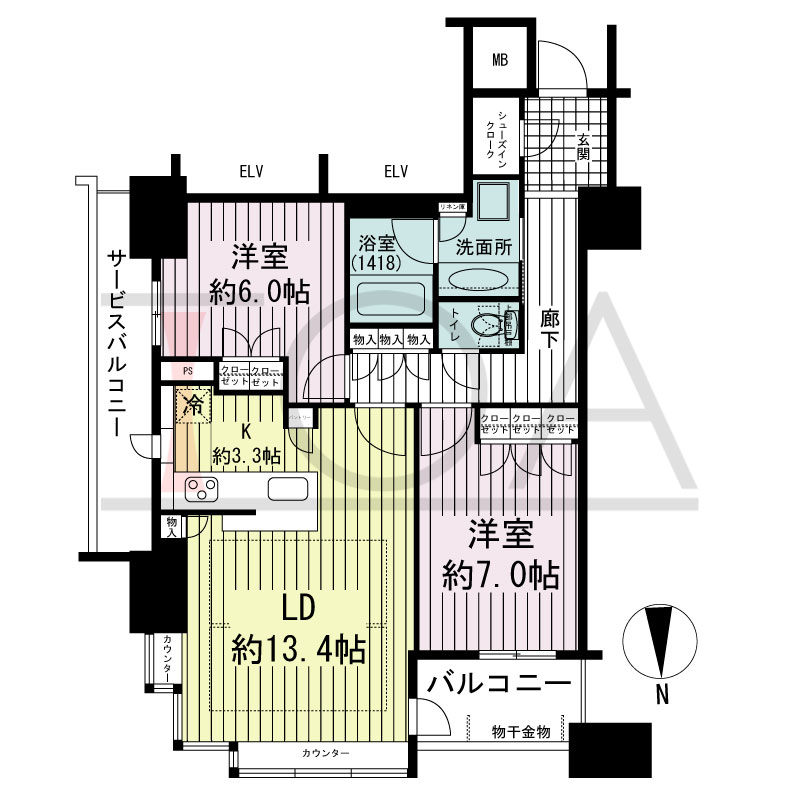 ブランズタワー南堀江の間取り図 北西向き 2LDK+SIC 専有面積70.98m2
バルコニー面積4.53m2
サービスバルコニー面積7.17m2
