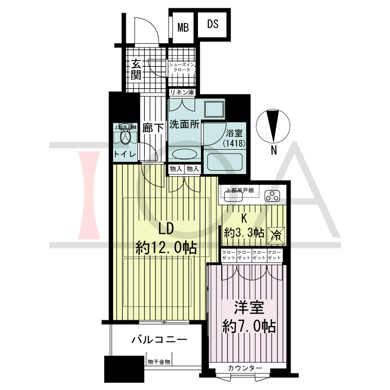 ブランズタワー南堀江の間取り図 北向き 1LDK+SIC 専有面積55.05m2
バルコニー面積5.01m2