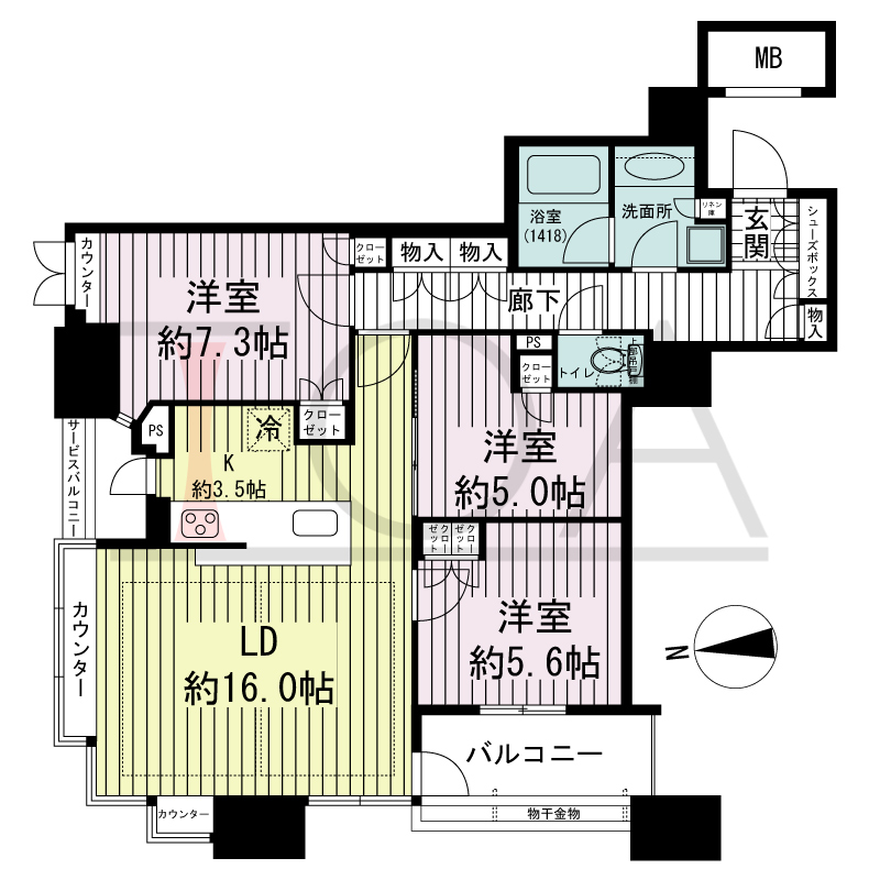 ブランズタワー南堀江の間取り図 北西向き 3LDK 専有面積82.87m2
バルコニー面積6.50m2
サービスバルコニー面積1.76m2