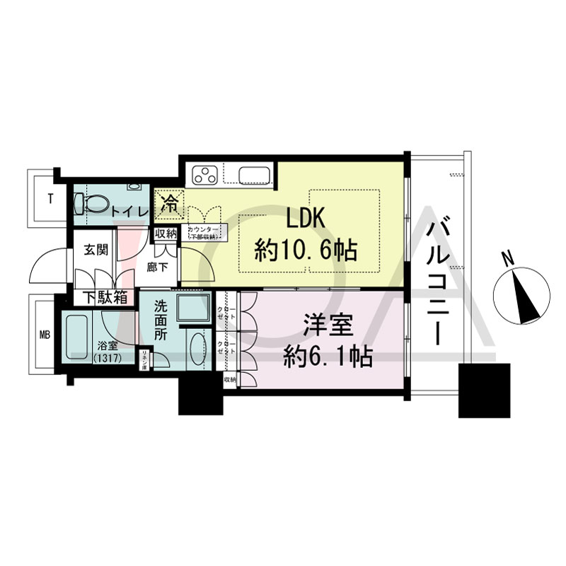 The Kitahama(ザ キタハマ)の間取り図 南東向き 1LDK 専有面積42.23m2
バルコニー面積7.38m2