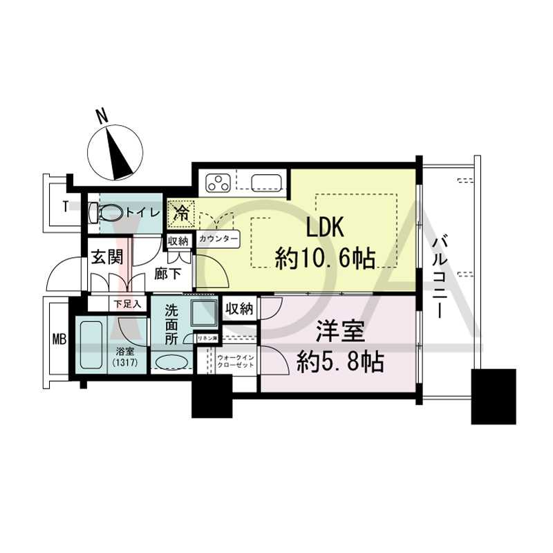 The Kitahama(ザ キタハマ)の間取り図 南東向き 1LDK 専有面積42.23m2
バルコニー面積7.38m2