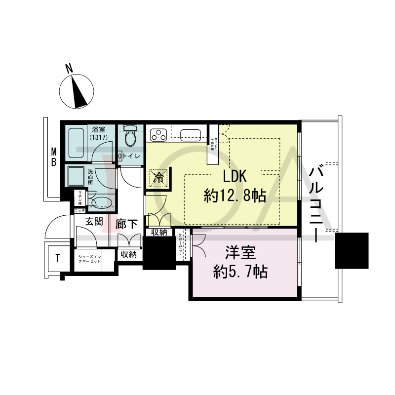 The Kitahama(ザ キタハマ)の間取り図 南東向き 1LDK 専有面積46.17m2
バルコニー面積8.29m2