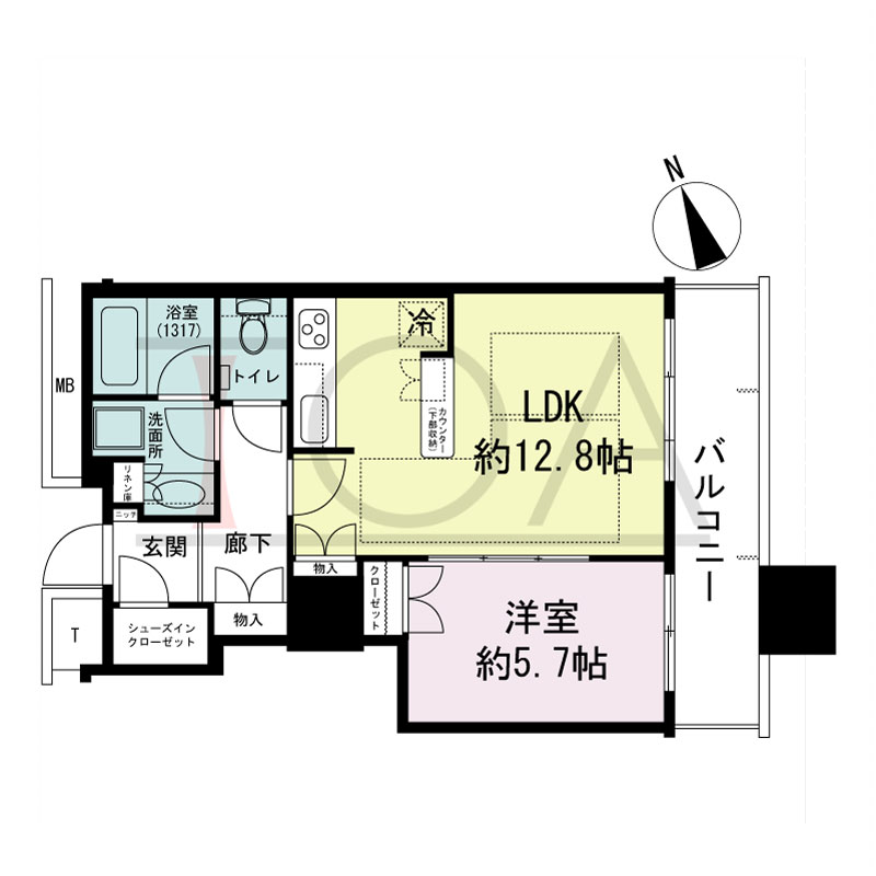 The Kitahama(ザ キタハマ)の間取り図 南東向き 1LDK 専有面積46.17m2
バルコニー面積8.29m2