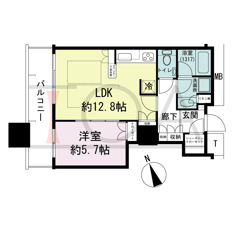 The Kitahama(ザ キタハマ)の間取り図 北西向き 1LDK 専有面積46.43m2
バルコニー面積8.29m2