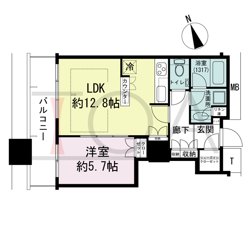 The Kitahama(ザ キタハマ)の間取り図 北西向き 1LDK 専有面積46.43m2
バルコニー面積8.29m2
