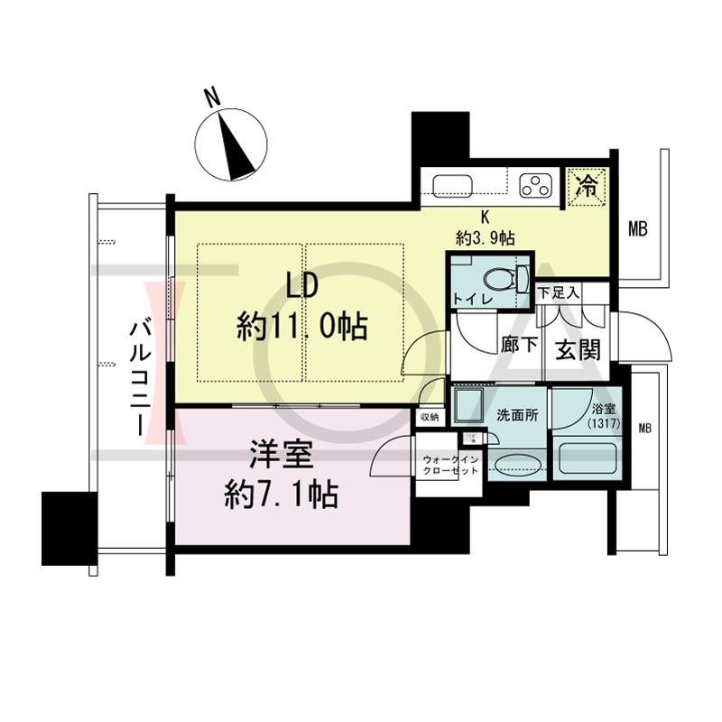 The Kitahama(ザ キタハマ)の間取り図 北西向き 1LDK 専有面積50.19m2
バルコニー面積8.28m2