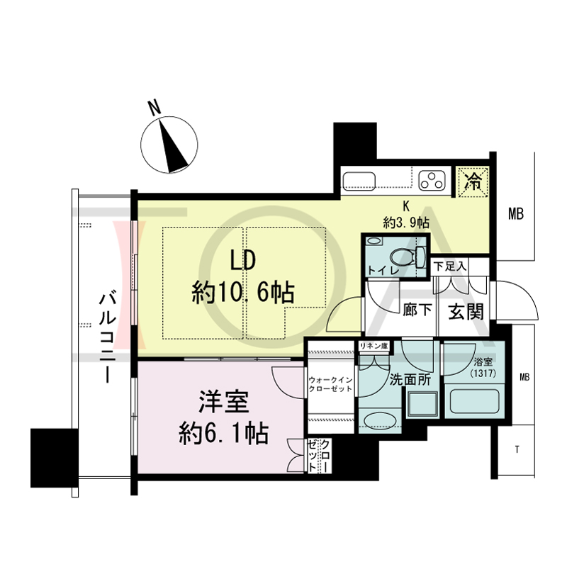 The Kitahama(ザ キタハマ)の間取り図 北西向き 1LDK 専有面積50.19m2
バルコニー面積8.28m2