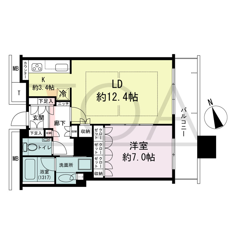 The Kitahama(ザ キタハマ)の間取り図 南東向き 1LDK 専有面積55.08m2
バルコニー面積8.75m2