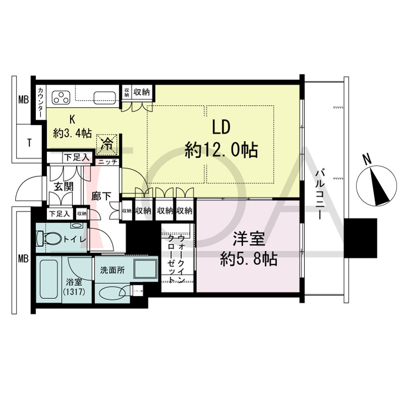 The Kitahama(ザ キタハマ)の間取り図 南東向き 1LDK 専有面積55.08m2
バルコニー面積8.75m2