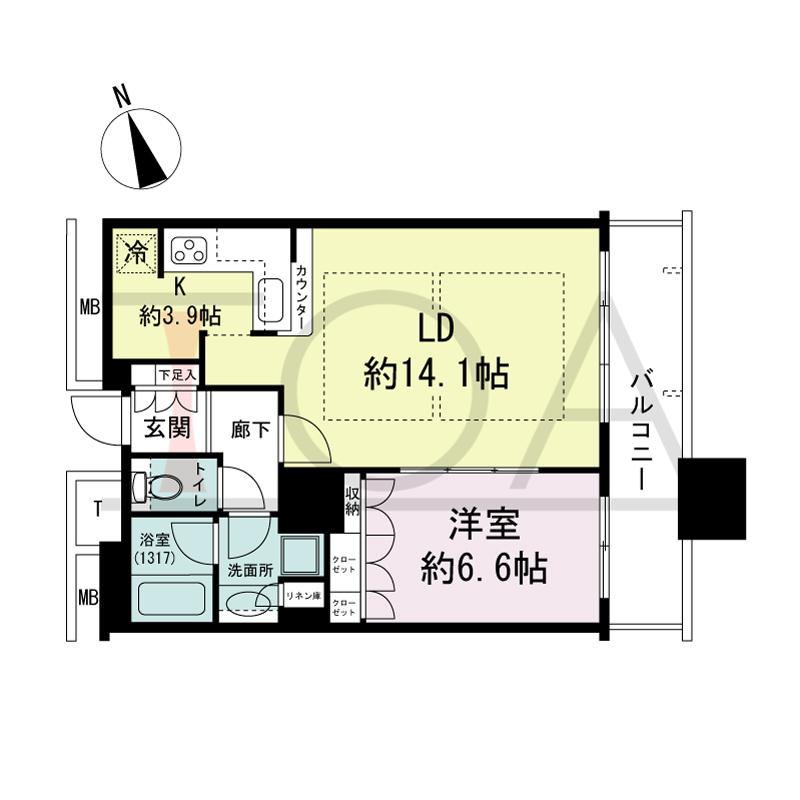 The Kitahama(ザ キタハマ)の間取り図 南東向き 1LDK 専有面積55.11m2
バルコニー面積8.95m2