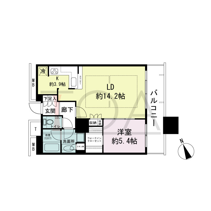 The Kitahama(ザ キタハマ)の間取り図 南東向き 1LDK 専有面積55.11m2
バルコニー面積8.95m2