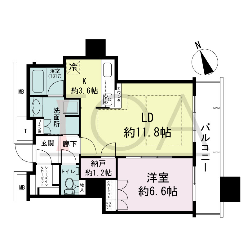 The Kitahama(ザ キタハマ)の間取り図 南東向き 1LDK 専有面積55.16m2
バルコニー面積8.67m2