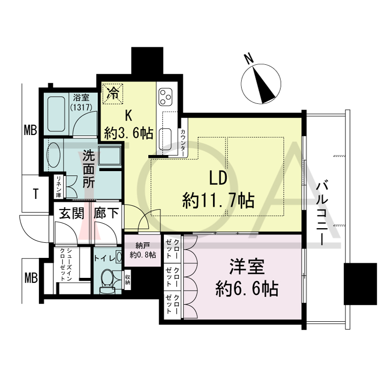 The Kitahama(ザ キタハマ)の間取り図 南東向き 1LDK 専有面積55.16m2
バルコニー面積8.67m2