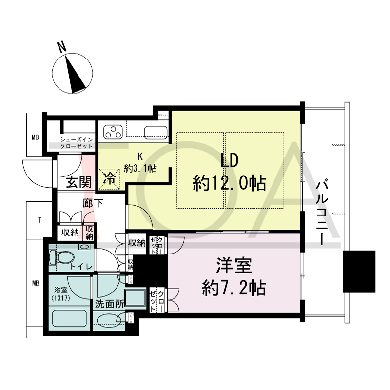 The Kitahama(ザ キタハマ)の間取り図 南東向き 1LDK 専有面積55.28m2
バルコニー面積8.90m2