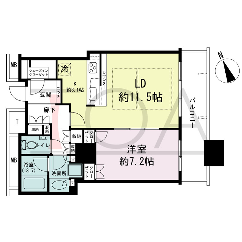 The Kitahama(ザ キタハマ)の間取り図 南東向き 1LDK 専有面積55.28m2
バルコニー面積8.90m2