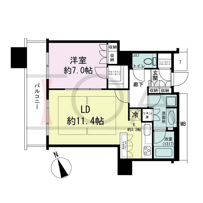 The Kitahama(ザ キタハマ)の間取り図 北西向き 1LDK 専有面積55.35m2
バルコニー面積8.81m2
