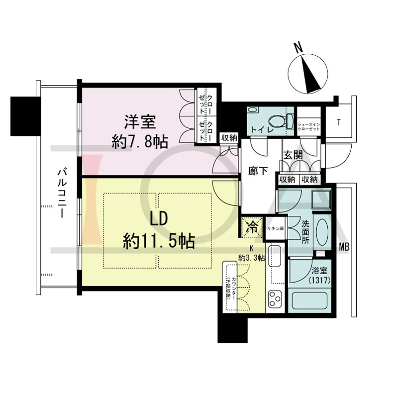 The Kitahama(ザ キタハマ)の間取り図 北西向き 1LDK 専有面積55.35m2
バルコニー面積8.81m2