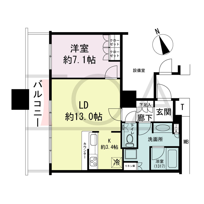 The Kitahama(ザ キタハマ)の間取り図 北西向き 1LDK 専有面積56.66m2
バルコニー面積11.58m2