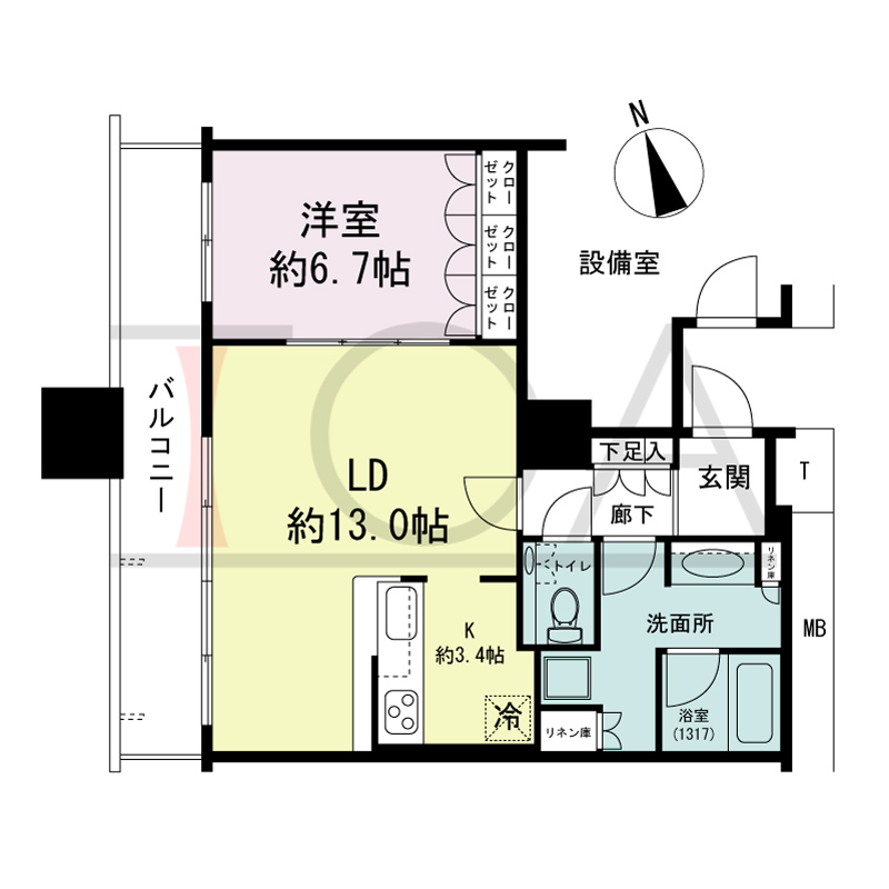The Kitahama(ザ キタハマ)の間取り図 北西向き 1LDK 専有面積56.66m2
バルコニー面積11.58m2