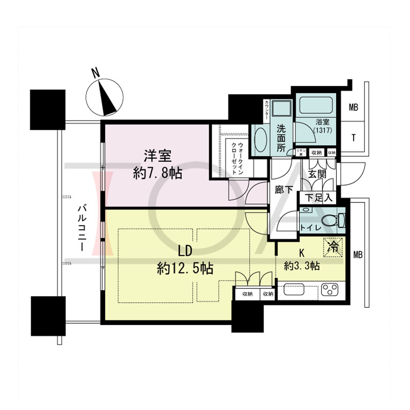 The Kitahama(ザ キタハマ)の間取り図 北西向き 1LDK 専有面積56.16m2
バルコニー面積8.95m2