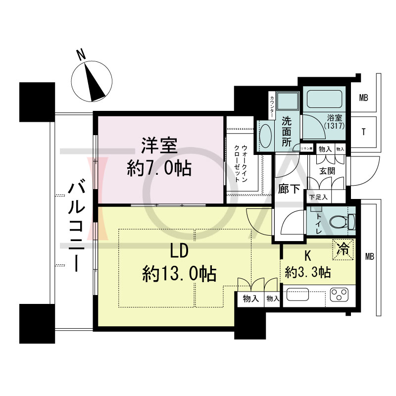The Kitahama(ザ キタハマ)の間取り図 北西向き 1LDK 専有面積56.16m2
バルコニー面積8.95m2