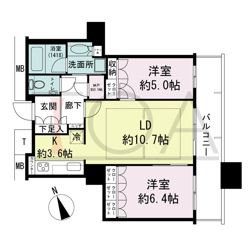 The Kitahama(ザ キタハマ)の間取り図 南東向き 2LDK+Storage room 専有面積60.86m2
バルコニー面積10.68m2