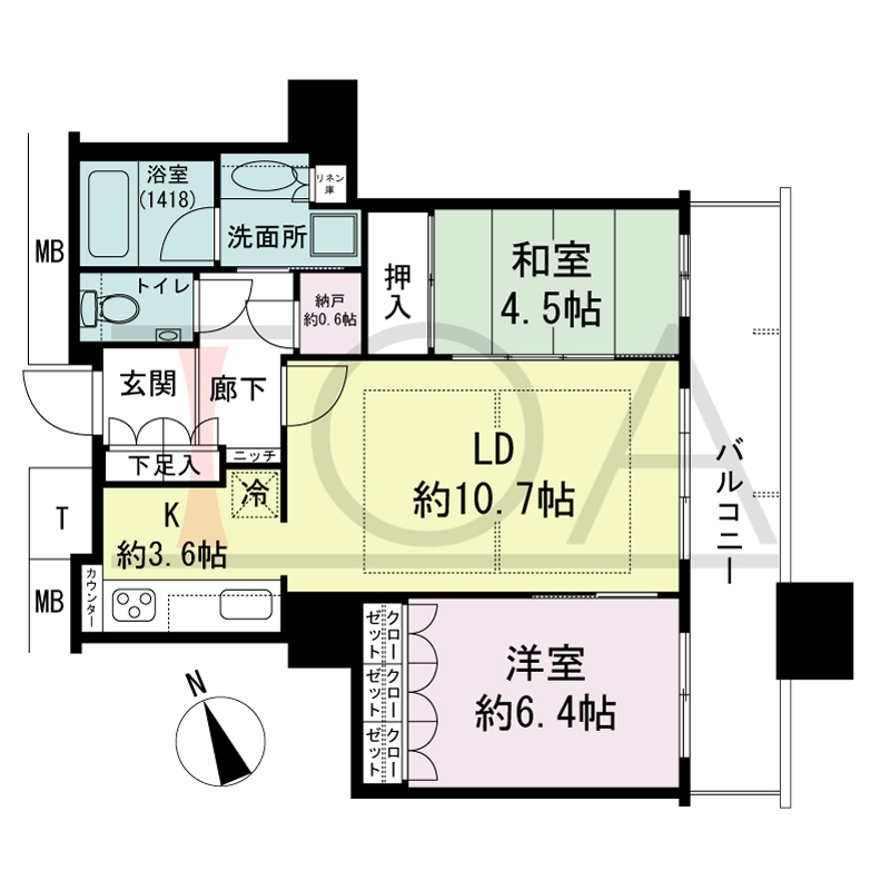 The Kitahama(ザ キタハマ)の間取り図 南東向き 2LDK+Storage room 専有面積60.86m2
バルコニー面積10.68m2