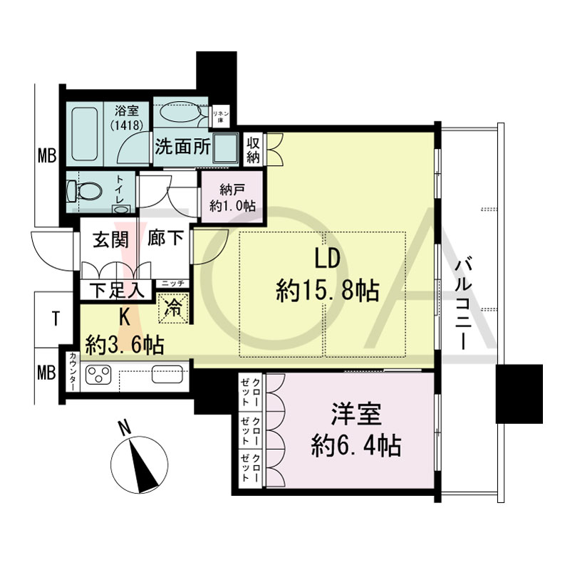 The Kitahama(ザ キタハマ)の間取り図 南東向き 1LDK+Storage room 専有面積60.86m2
バルコニー面積10.68m2