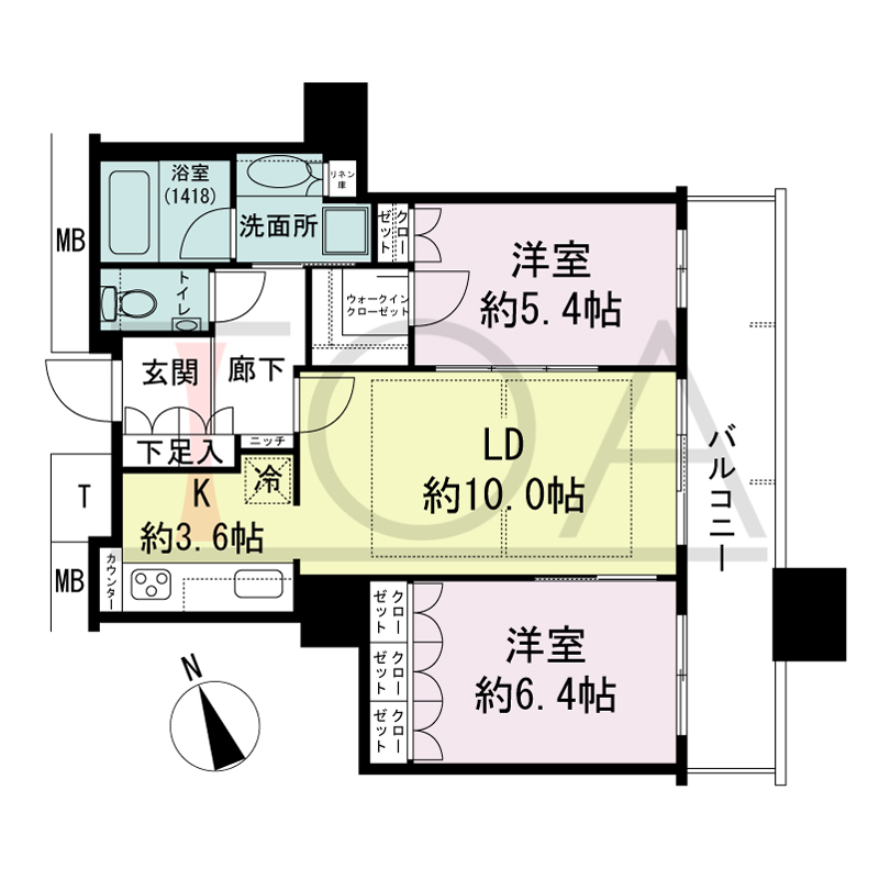 The Kitahama(ザ キタハマ)の間取り図 南東向き 2LDK 専有面積60.86m2
バルコニー面積10.68m2