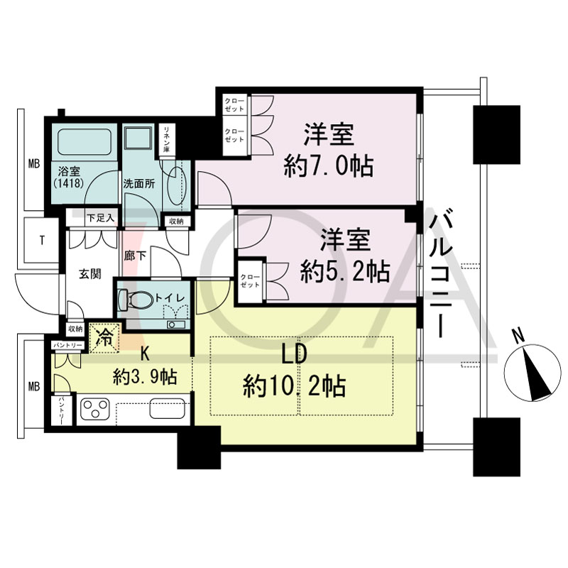 The Kitahama(ザ キタハマ)の間取り図 南東向き 2LDK 専有面積61.78m2
バルコニー面積10.61m2