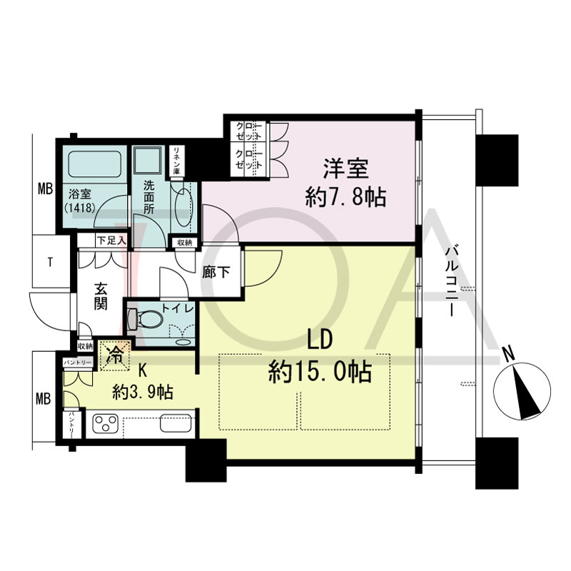 The Kitahama(ザ キタハマ)の間取り図 南東向き 1LDK 専有面積61.78m2
バルコニー面積10.61m2