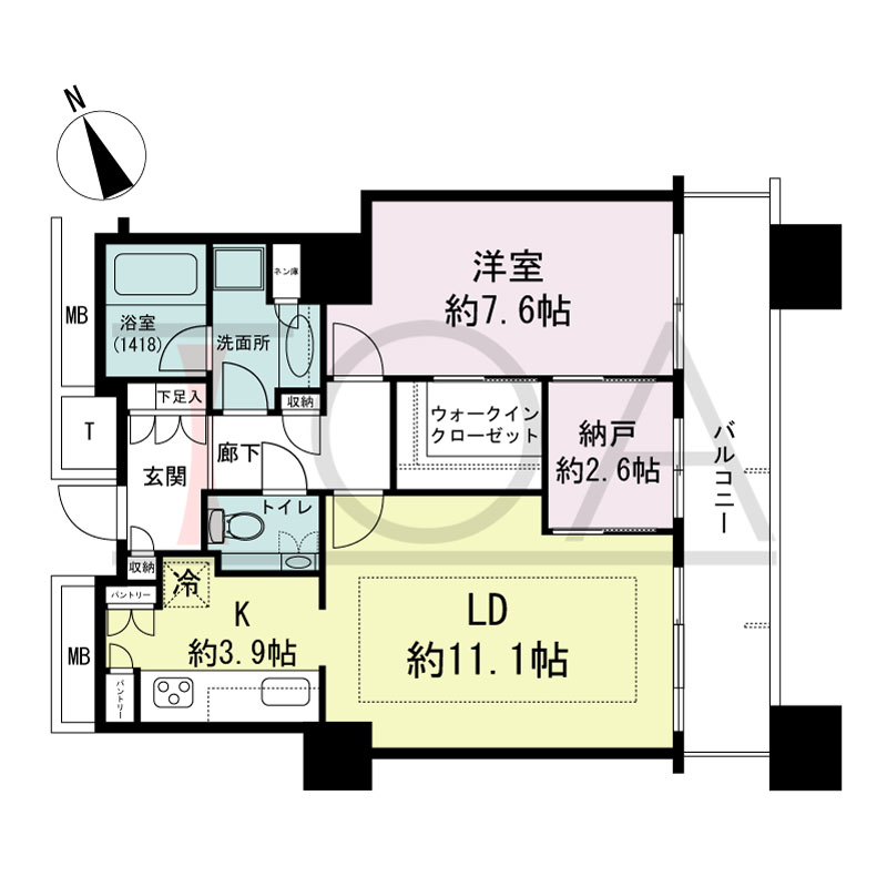 The Kitahama(ザ キタハマ)の間取り図 南東向き 1LDK+DEN 専有面積61.78m2
バルコニー面積10.61m2