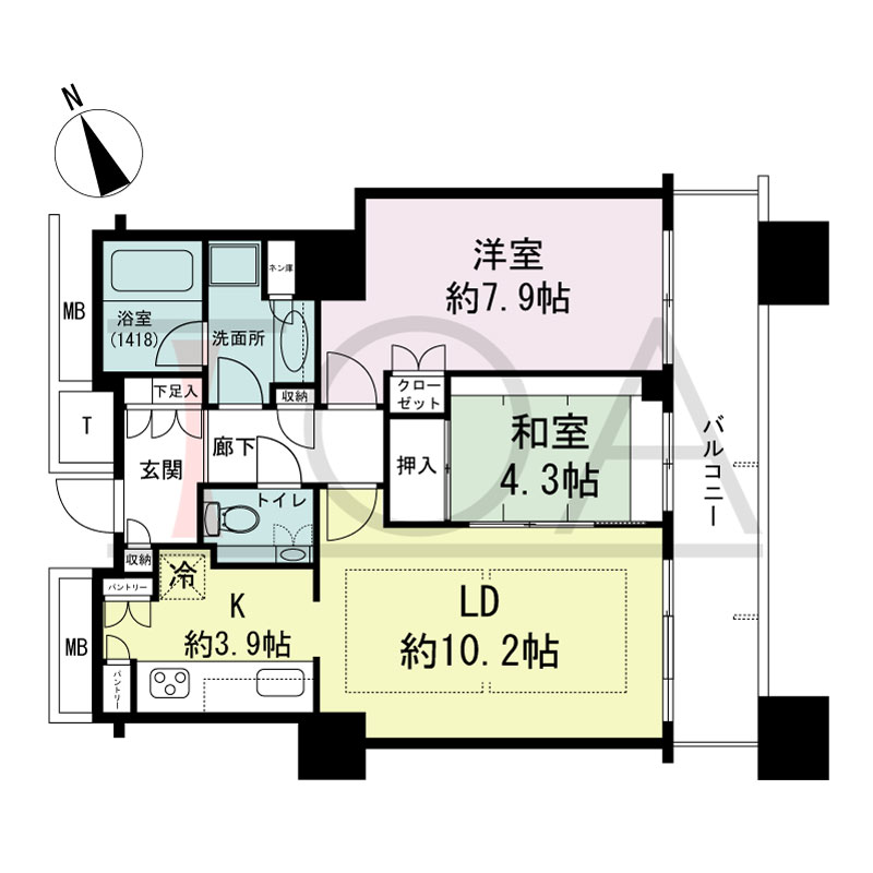 The Kitahama(ザ キタハマ)の間取り図 南東向き 2LDK 専有面積61.78m2
バルコニー面積10.61m2
