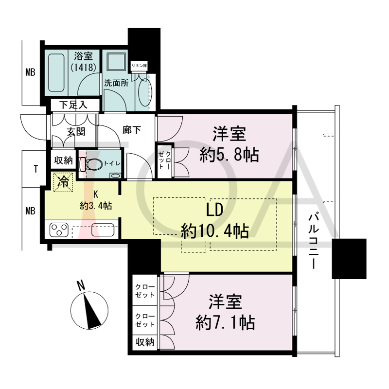 The Kitahama(ザ キタハマ)の間取り図 南東向き 2LDK 専有面積62.00m2
バルコニー面積10.41m2