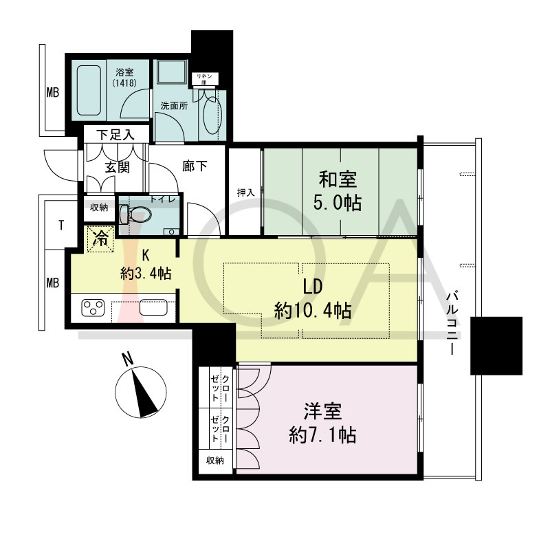 The Kitahama(ザ キタハマ)の間取り図 南東向き 2LDK 専有面積62.00m2
バルコニー面積10.41m2