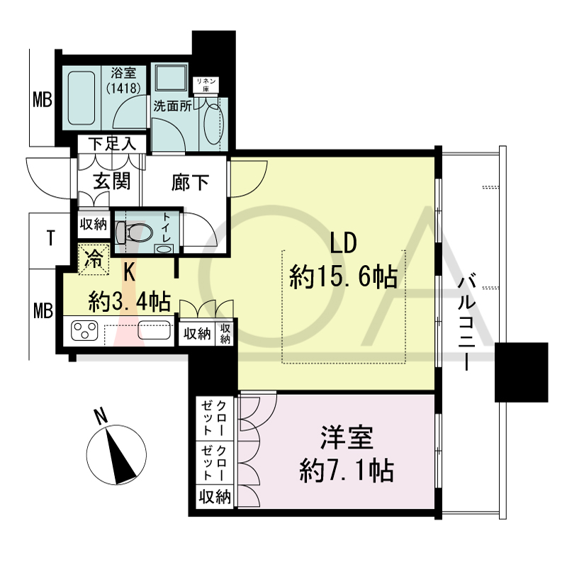 The Kitahama(ザ キタハマ)の間取り図 南東向き 1LDK 専有面積62.00m2
バルコニー面積10.41m2