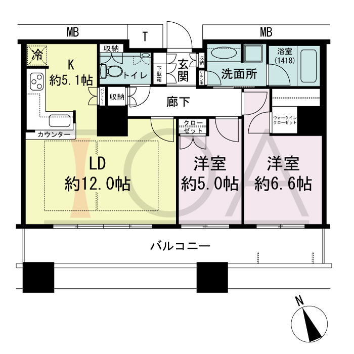 The Kitahama(ザ キタハマ)の間取り図 南西向き 2LDK 専有面積67.63m2
バルコニー面積14.05m2